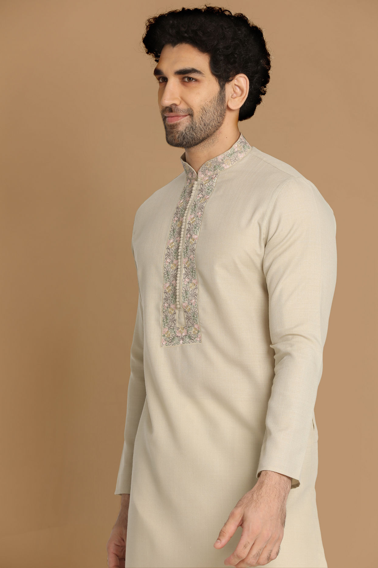 Pista Thread Work Kurta Pajama image number 0